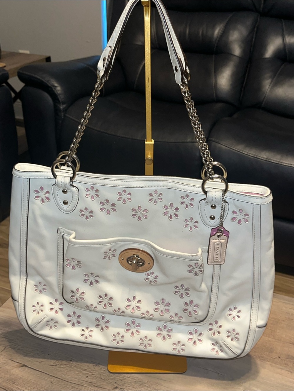 Coach White Leather Floral Cutout Shoulder Tote with Chain Straps